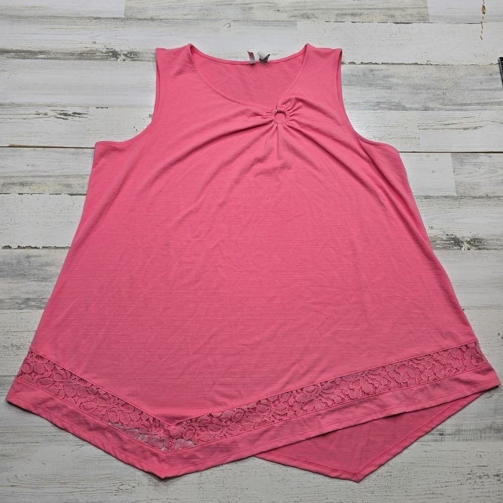 Cato Est. 1946 Women's Pink SharkBite Hem Lace Trim Tank Top O-Ring Keyhole XL